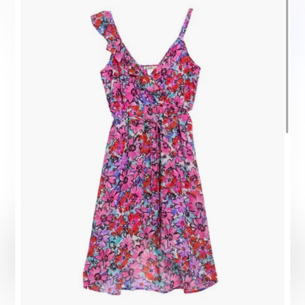 Nwt asymmetric ruffle dress pretty pink purple and red size medium